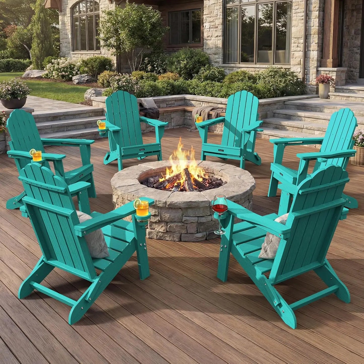 Adirondack Chairs Set of 6, Fire Pit Chairs, Wood Texture Patio Chairs with 2 Cup Holder, Outdoor Lawn Chair, Teak, Customized