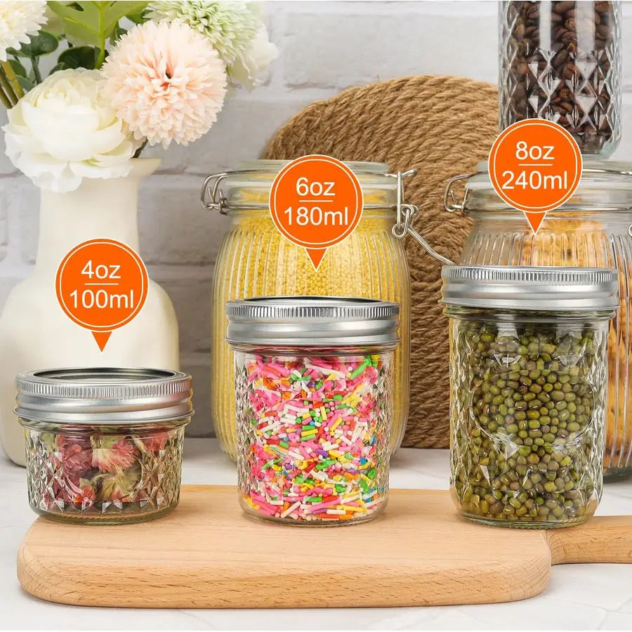 40 Pcs 4oz Clear Glass Mini Mason Jars With Silver Separable Lids and Diamond appearance, Small Spice Canning Jars for Honey, Ja