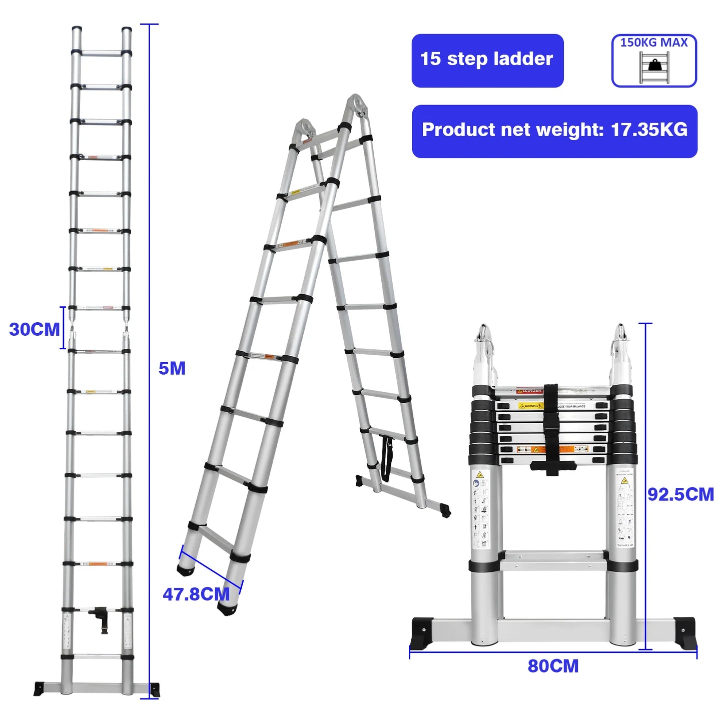 3.8M/5M Aluminium Telescopic Ladder ,Heavy Duty Multi-Purpose A-Frame Sturdy Folding Ladder ,No-slip,150kg Load Capacity