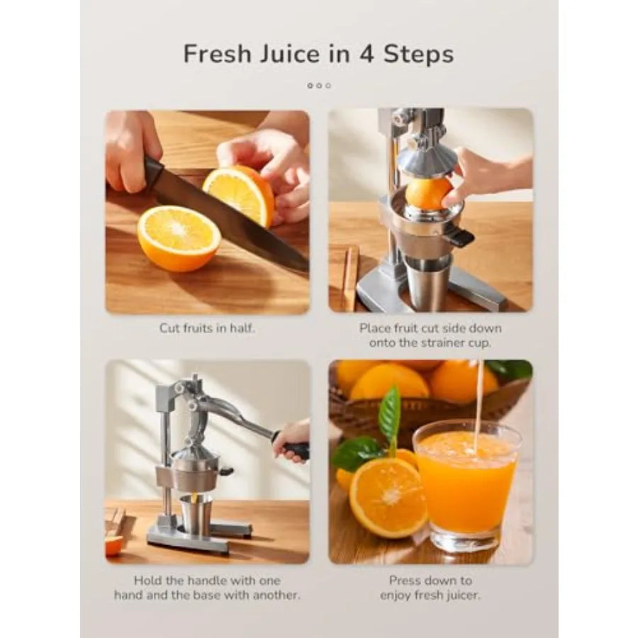 Professional cast iron manual juicer for citrus fruits, black with silver stainless steel strainer, heavy duty and easy-to-clea