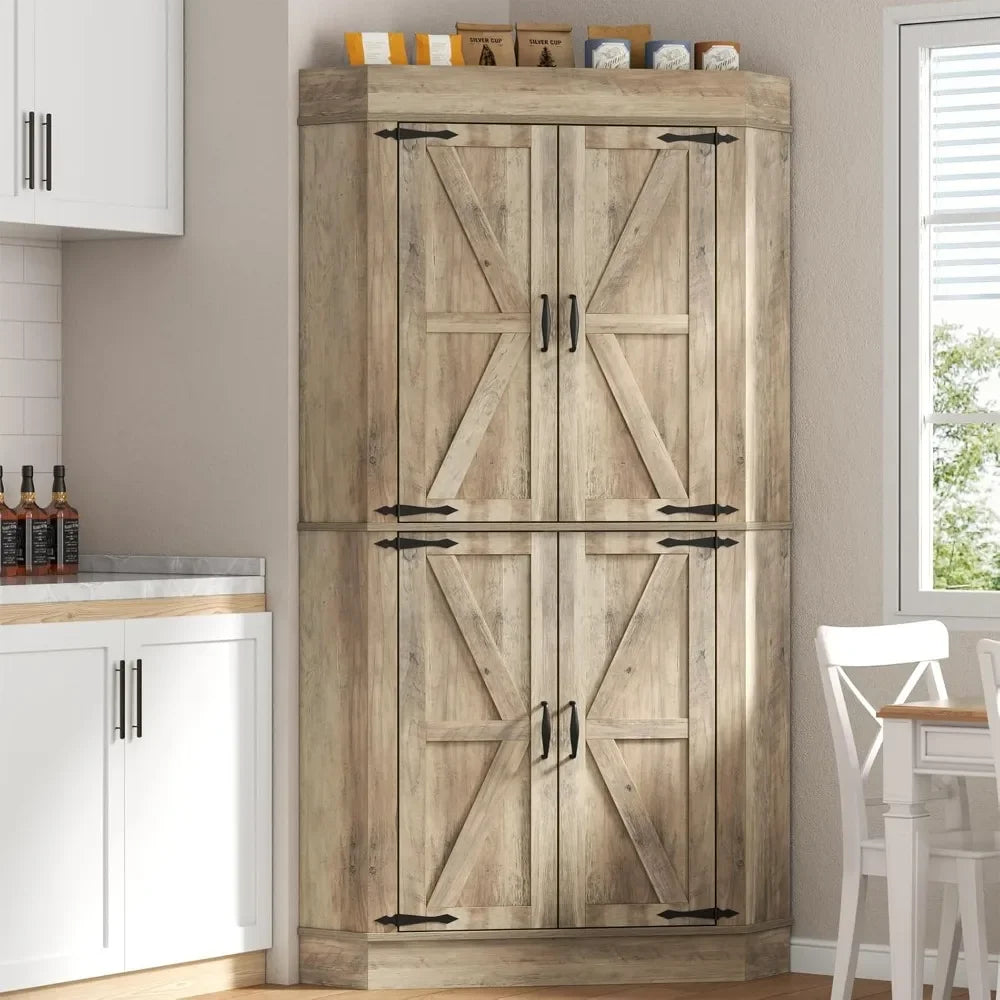 Corner Cabinet, Kitchen Pantry Storage Cabinet, Freestanding Buffet Hutch with 4 Doors and Shelves, Tall Food Pantry Farmhouse