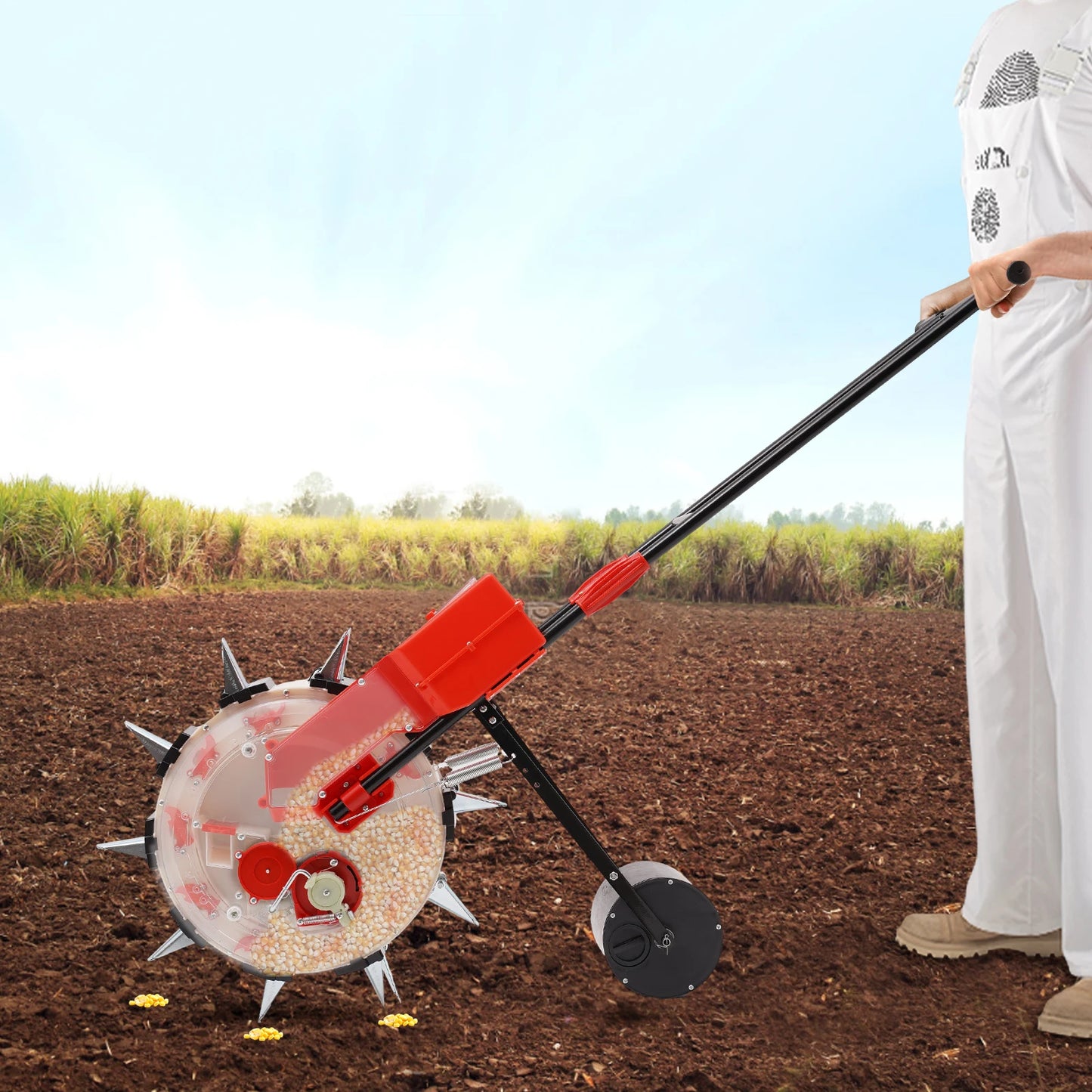 10-Row Push Seeder for Corn Beans Adjustable Depth 1.38-3.07in 8.27lb Hopper Garden Planting Machine with 3 Wheels