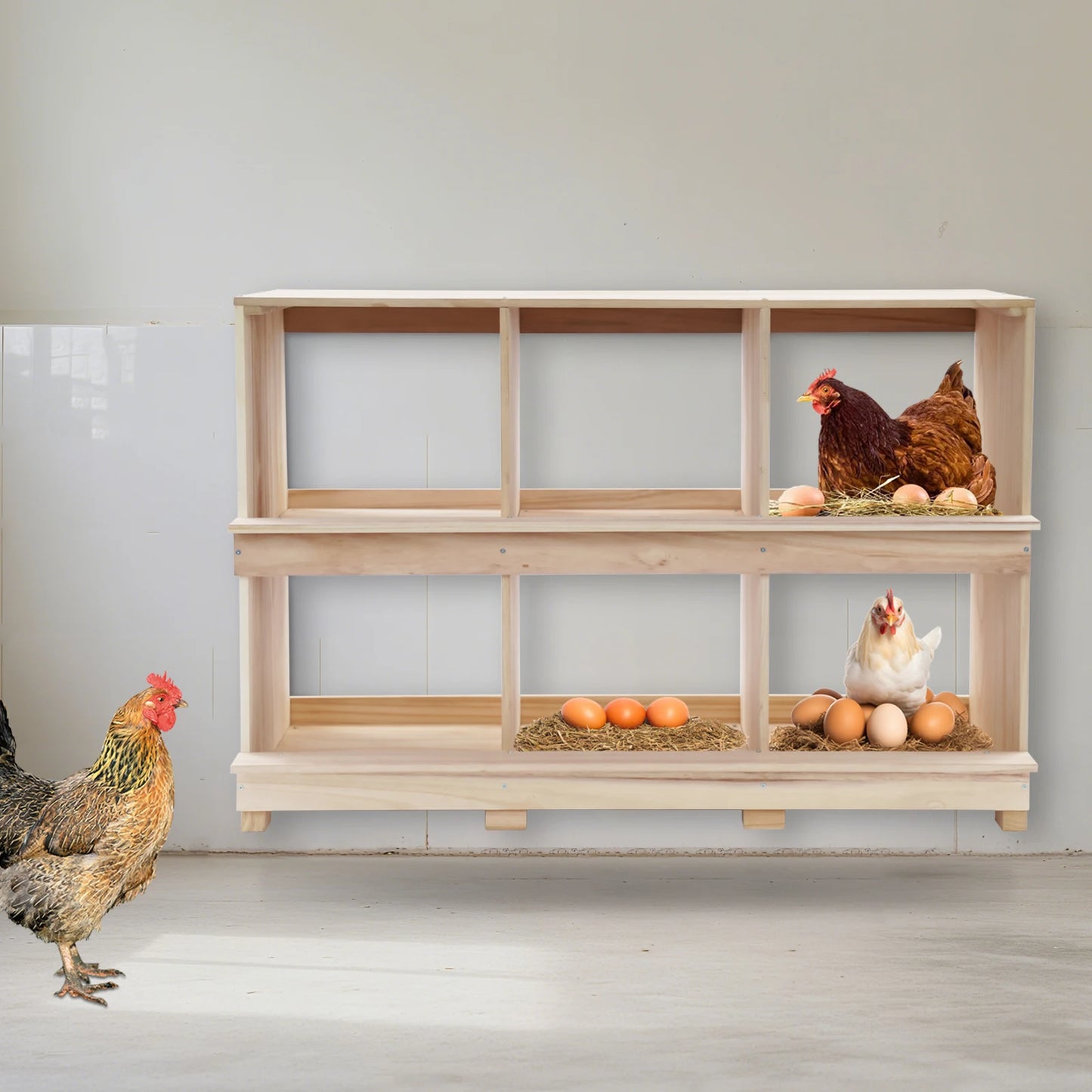 6 Compartment Wooden Chicken Nesting Box Solid Log Wood Impact Wear Resistant Stable Rectangular Frame 6 Hole Timber Hen Laying Crate Single 12in Large Cubbies 6 Grid Wood Poultry Egg Laying House For Backyard Farm Hatchery
