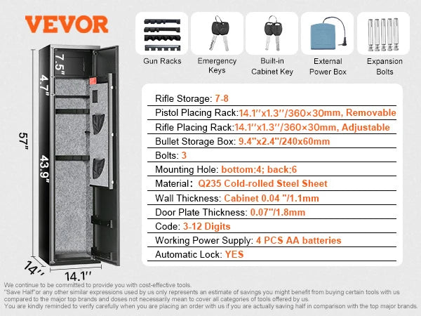 3-8 Rifles Gun Safe w/ Digital Keypad & Lock Gun Storage Cabinet with Removable Storage Shelf for Home Long Gun Pistols
