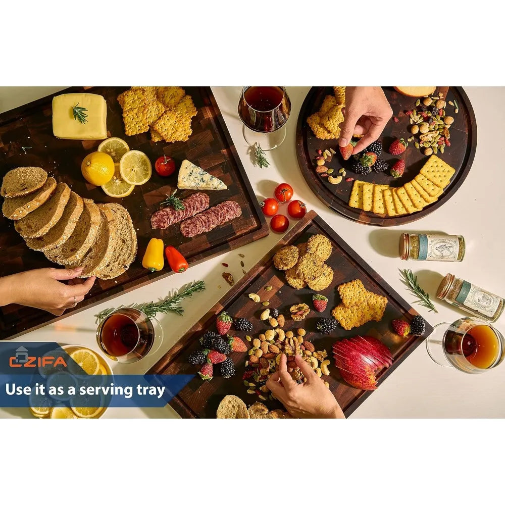 Large Thick American Black Walnut Wood Cutting Board 20x15x2 with Juice Groove and Inner Handles for Kitchen