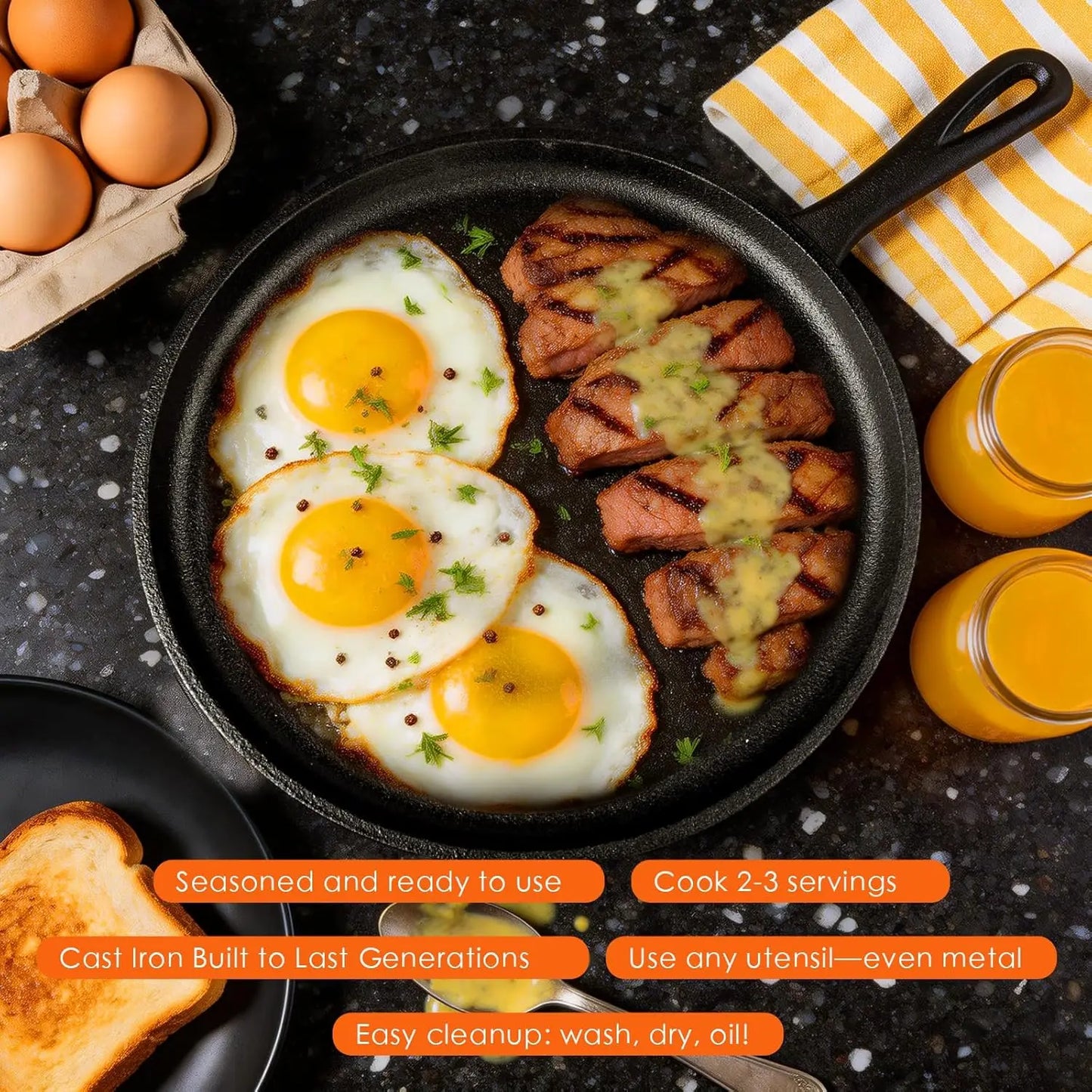 6 Piece Pre-Seasoned Cast Iron Cookware Set – Incl. 5QT Dutch Oven with Lid, 8'' and 10.25'' Cast Iron Skillets, 10.5'' Round Gr