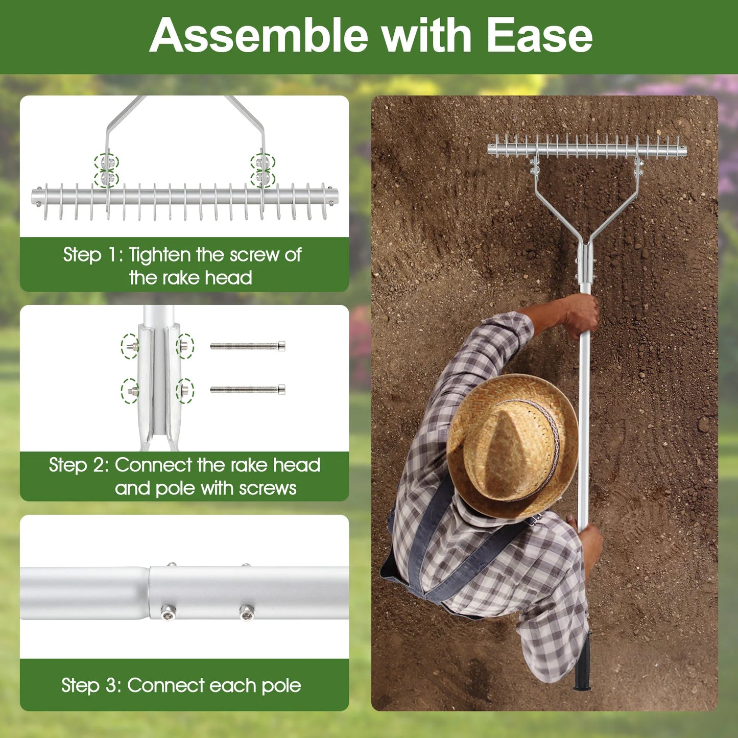 70" Garden Thatch Rake with Long Handle & 19 Curved Tines