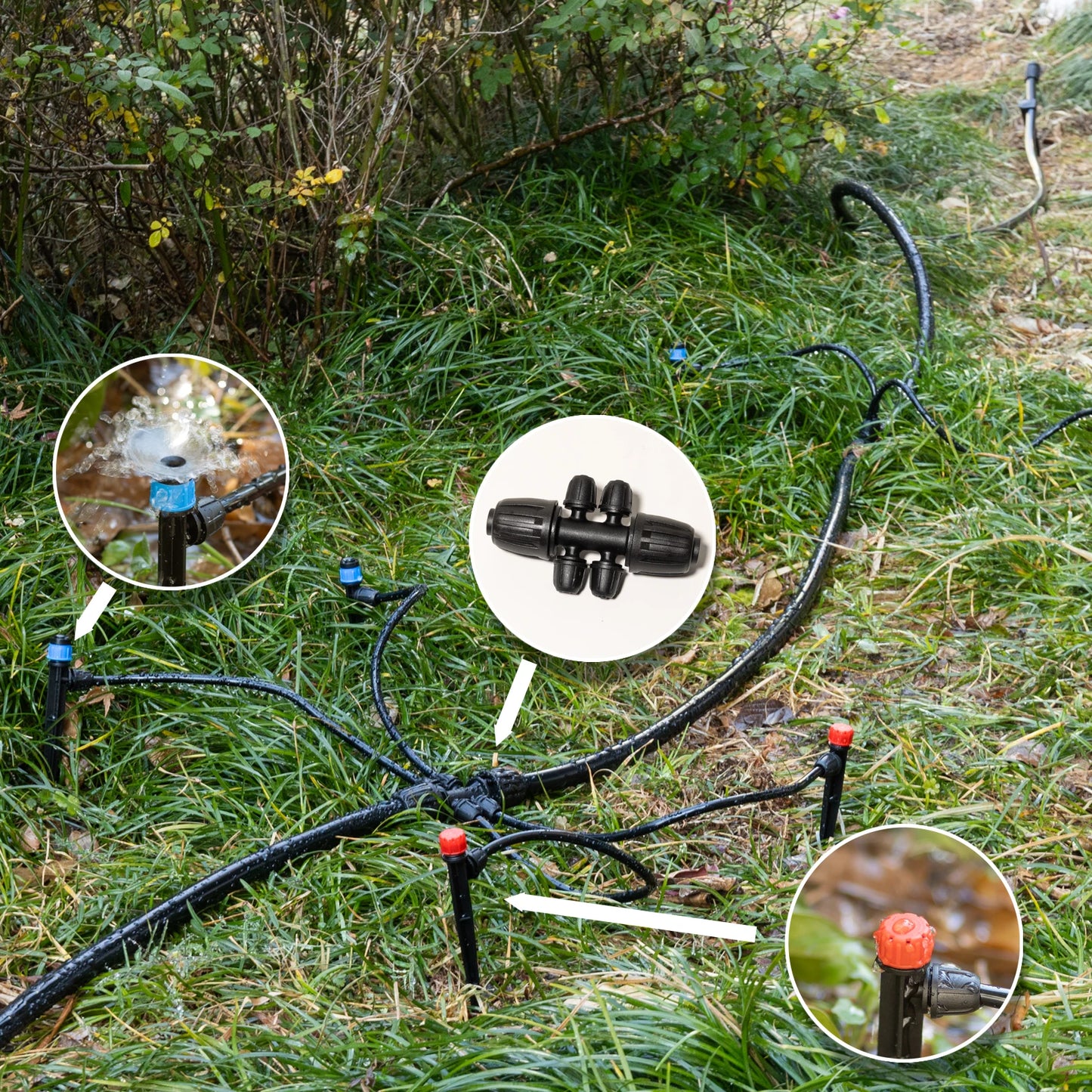 Drip Irrigation System Kit with 33Ft 1/2 Inch Tubing, 200Ft 1/4 Inch Tubing Automatic Irrigation Equipment Locked Fittings