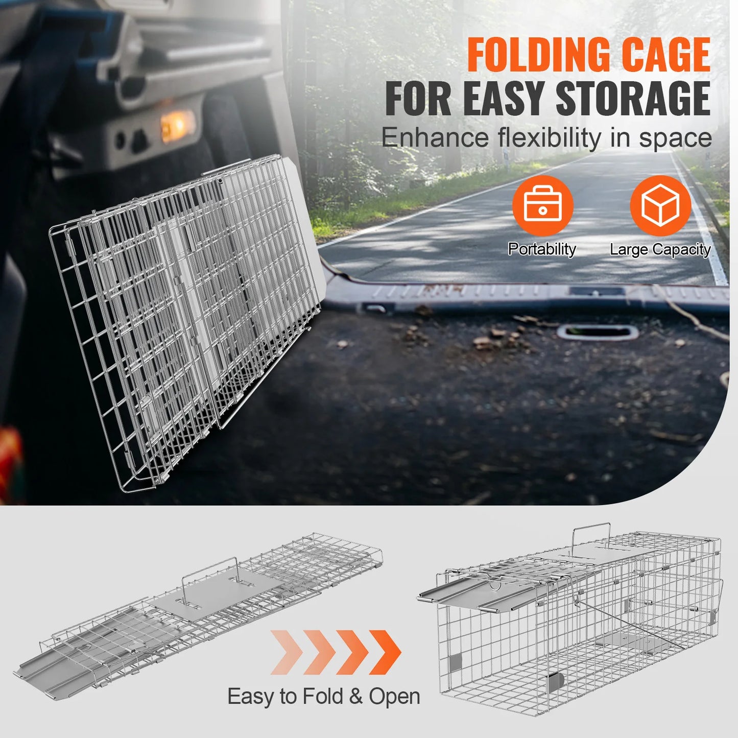 Live Animal Cage Trap Humane Cat Rodent Control Folding with Handle for Stray Cats Rabbits Squirrels Raccoons Groundhog