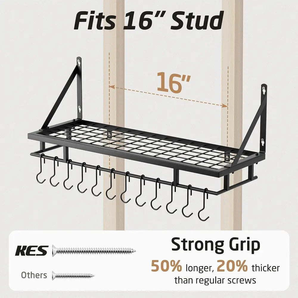 30-Inch Kitchen Pan Pot Rack Wall Mounted, Hanging Storage Organizer | 88 Lbs Capacity, Wall Shel with 12 Sturdy Hooks, 16-Inch