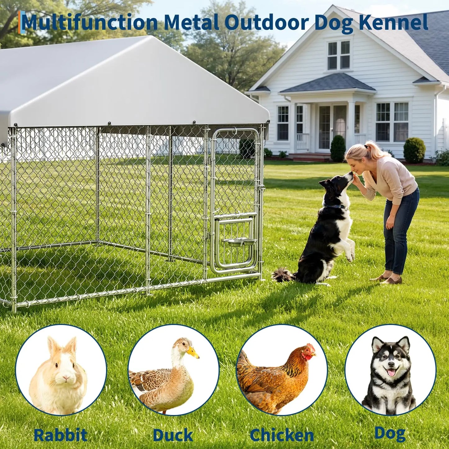 Heavy Duty 7.5x7.5x6.6 FT Outdoor Dog Kennel With Roof Cover, Lockable Feeding Door Dog Run For Large Dogs