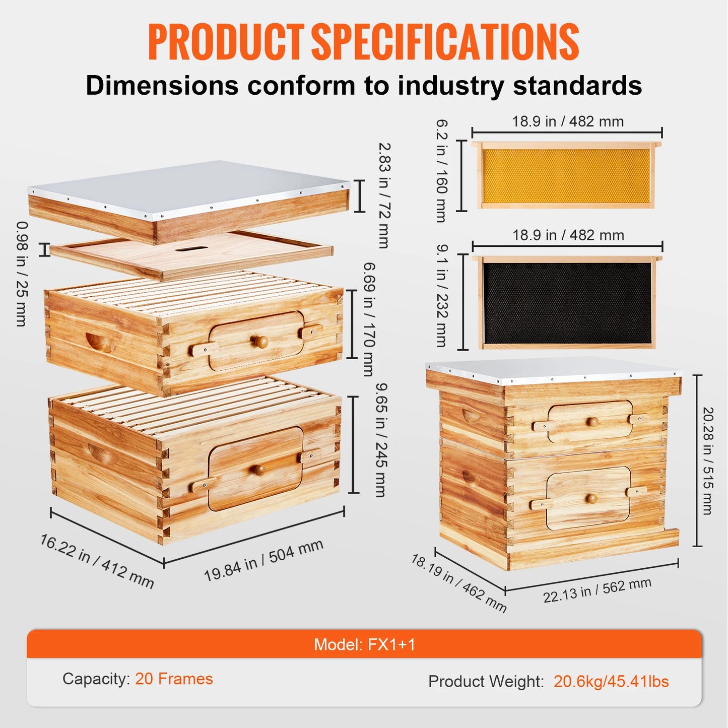 Bee Hive Deep Box Starter Kit 100% Beeswax Coated Natural Cedar Wood Langstroth Beehive Kit Transparent Acrylic
