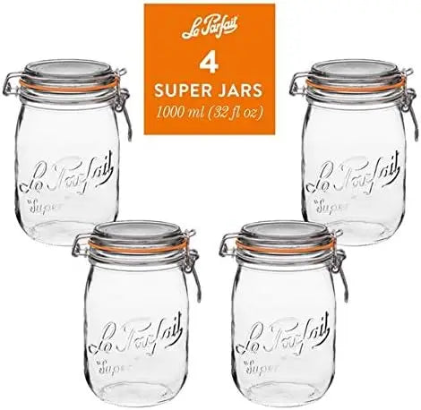 1L Wide Mouth Glass Canning Jars with Airtight Lid, Clear Quart Size, Set of 4 for Food Storage and Preserving