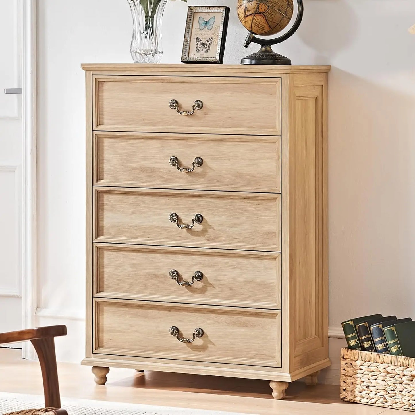 Farmhouse 5 Drawer Dresser for Bedroom, 45" Tall Rustic Chests of Drawers w/ 4 Solid Wood Feet, Mid Century Modern, Customized