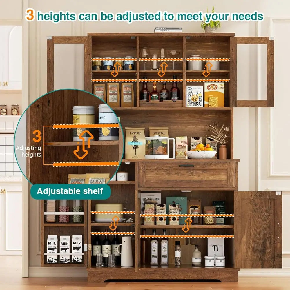 Kitchen Pantry Storage Cabinet with Hutch and Microwave Stand, Coffee Bar Hutch with Shelves for Dining Room, Brown