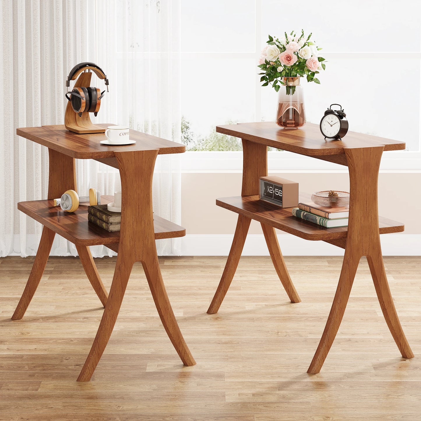 Walnut Side Table for Living Room, Narrow End Table with 2-Tier Storage Shelf and Solid Wood Legs, Slim Bedside Table