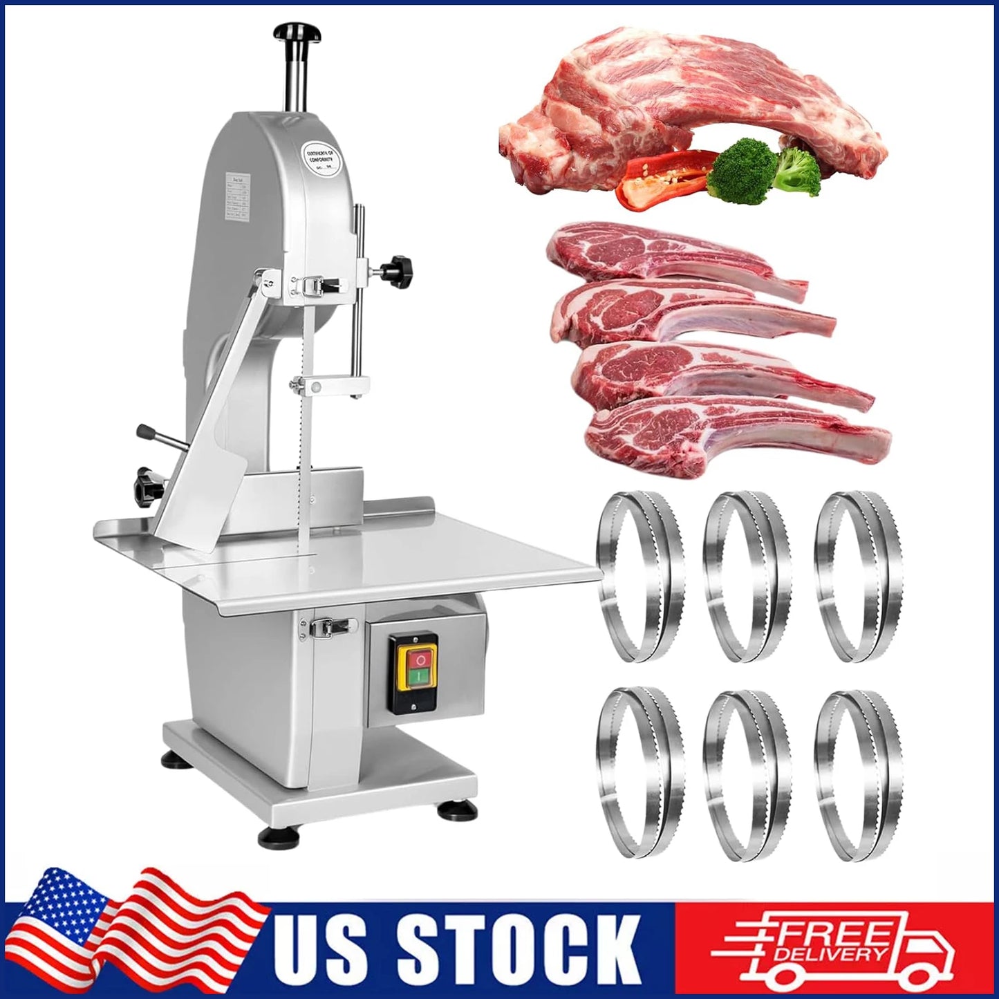 1500W Commercial Bone Saw Machine Electric Bandsaw Butcher 20"x15" Workbench 0.8-5.9" Cutting Steel 6pcs Saw Blade Safety Switch
