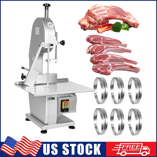 1500W Commercial Bone Saw Machine Electric Bandsaw Butcher 20"x15" Workbench 0.8-5.9" Cutting Steel 6pcs Saw Blade Safety Switch