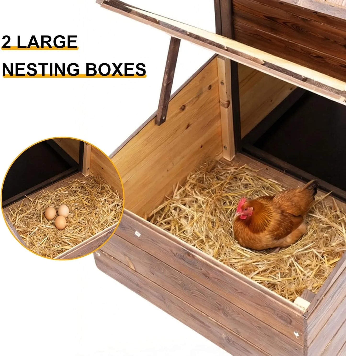 Chicken Coop with 2 Nesting Boxes, Large Outdoor Wooden Chicken Hen House Cages for 2 Chickens, Easy Clean Poultry Hutch for Bac