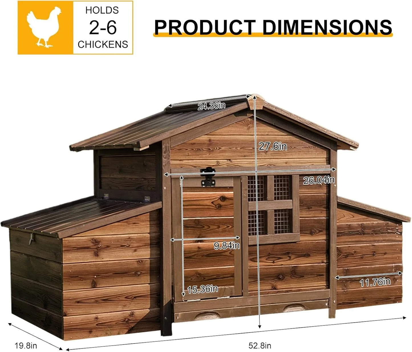 Chicken Coop with 2 Nesting Boxes, Large Outdoor Wooden Chicken Hen House Cages for 2 Chickens, Easy Clean Poultry Hutch for Bac