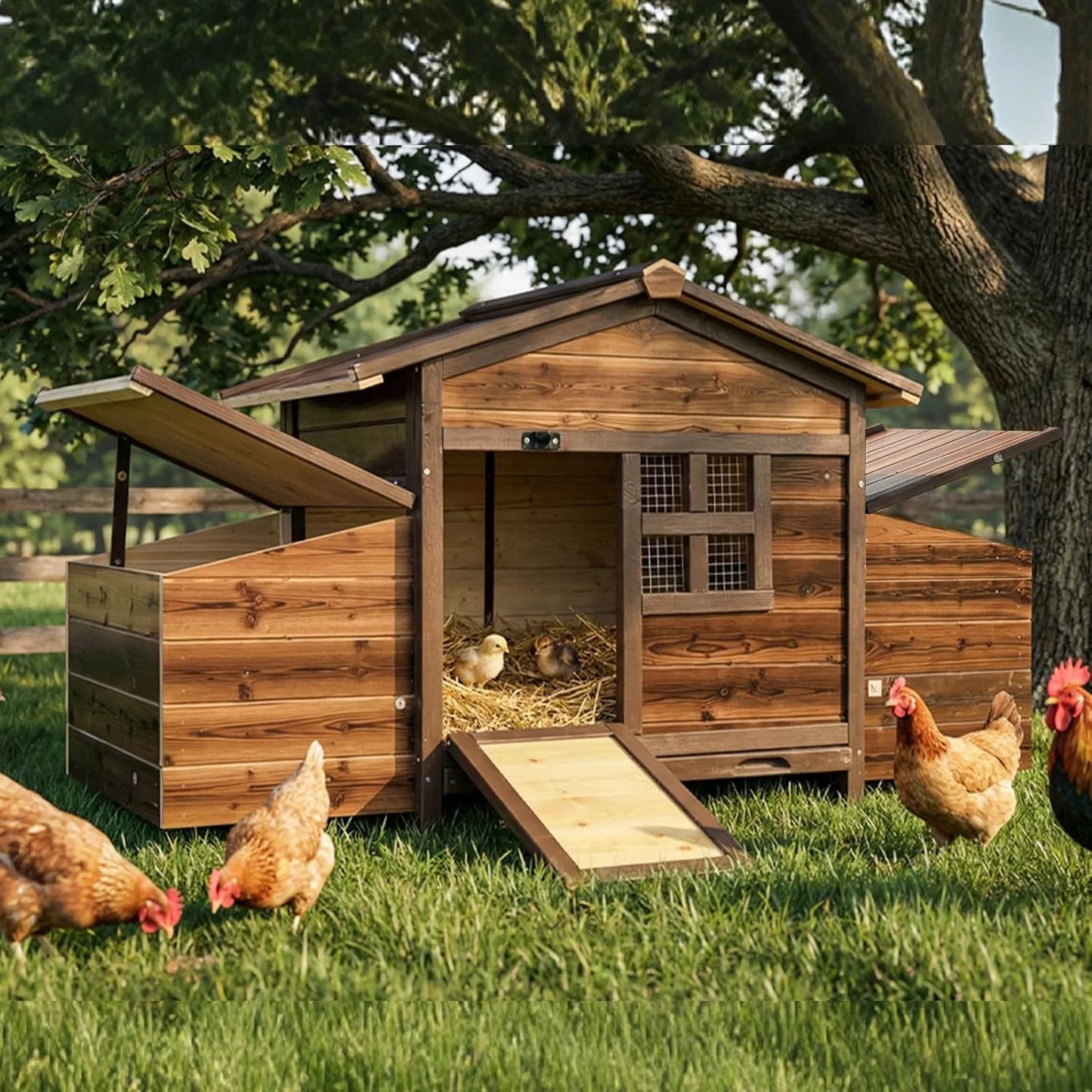Chicken Coop with 2 Nesting Boxes, Large Outdoor Wooden Chicken Hen House Cages for 2 Chickens, Easy Clean Poultry Hutch for Bac