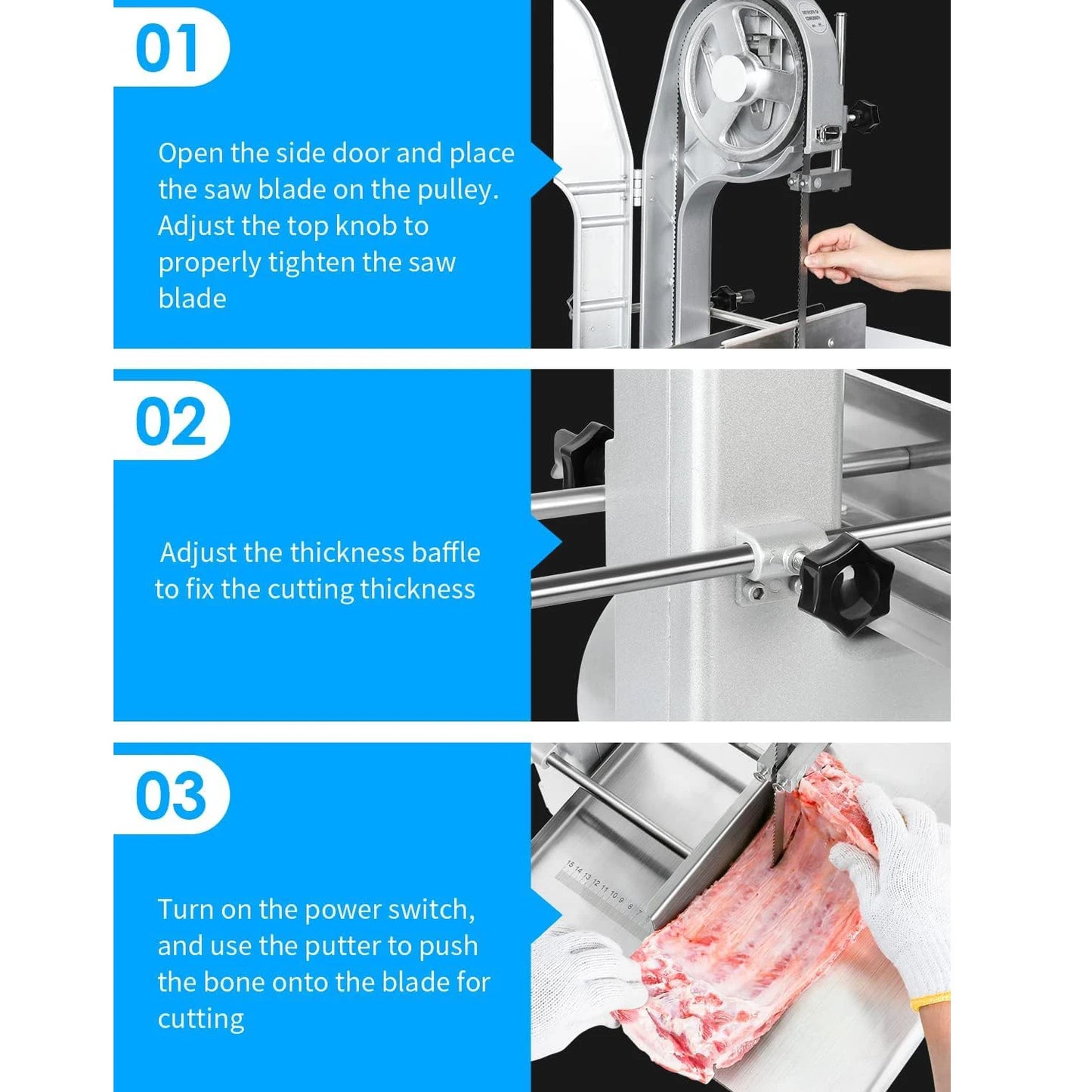 1500W Commercial Bone Saw Machine Electric Bandsaw Butcher 20"x15" Workbench 0.8-5.9" Cutting Steel 6pcs Saw Blade Safety Switch