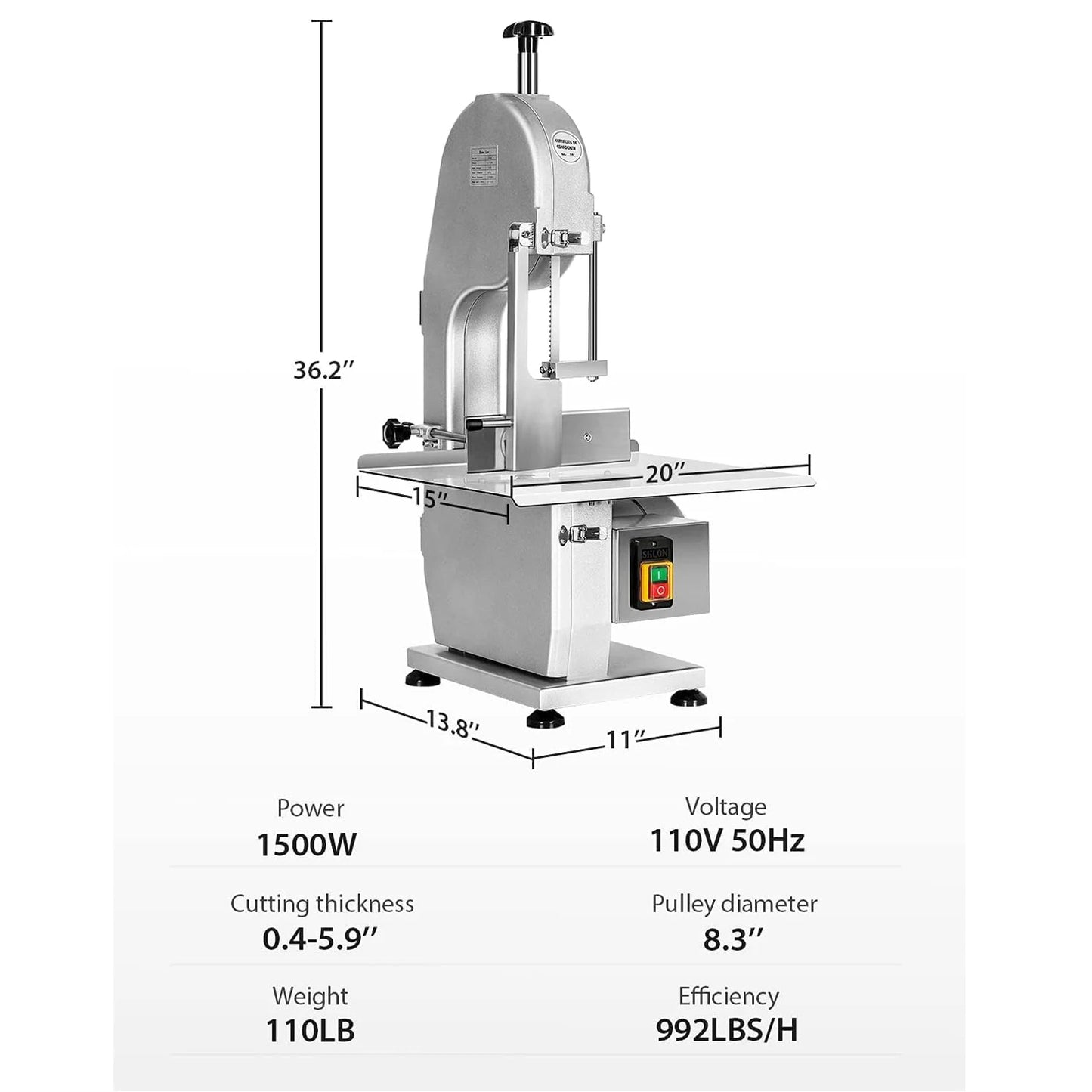 1500W Commercial Bone Saw Machine Electric Bandsaw Butcher 20"x15" Workbench 0.8-5.9" Cutting Steel 6pcs Saw Blade Safety Switch