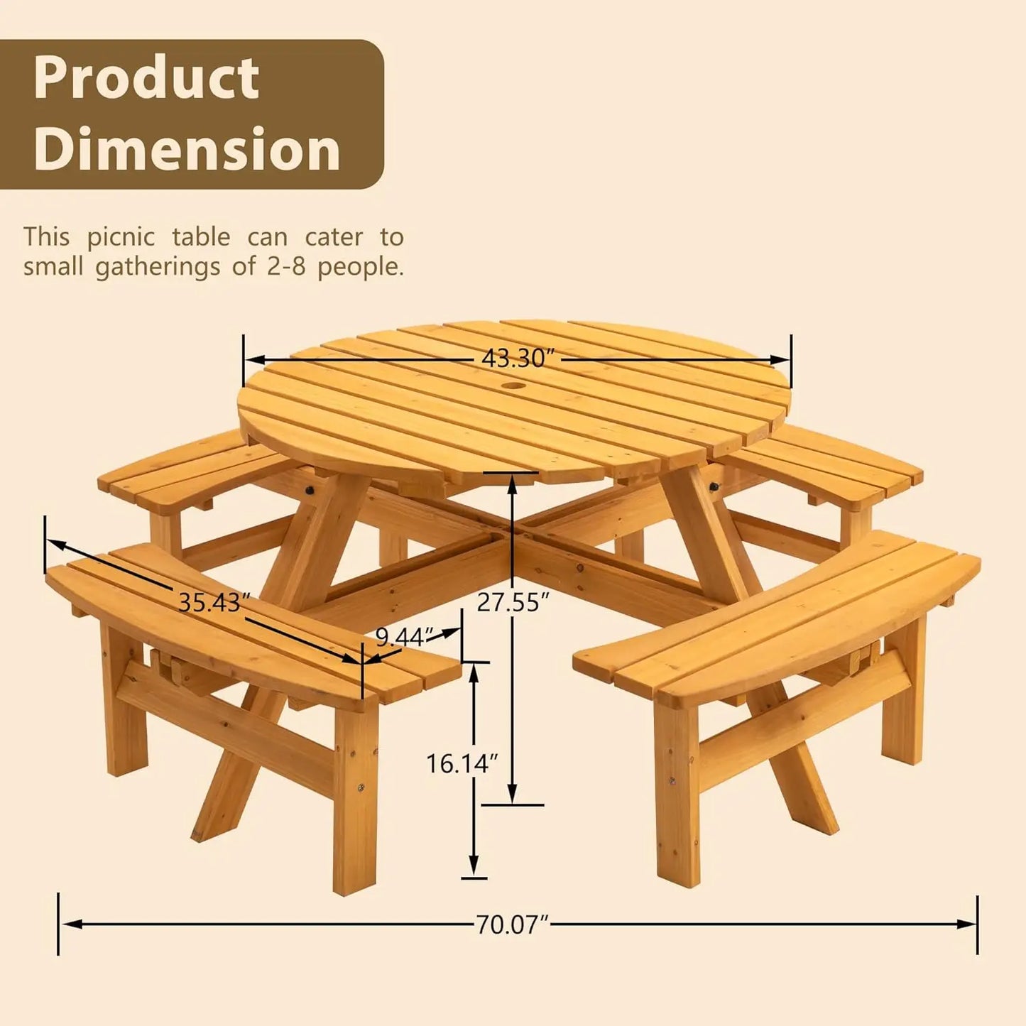 8-Person Wooden Picnic Table, Outdoor Round Table with Built-in Benches and Umbrella Hole, Picnic Table Bench Set, Customized