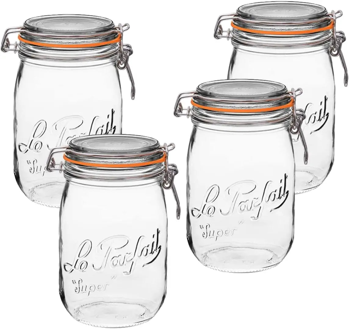 1L Wide Mouth Glass Canning Jars with Airtight Lid, Clear Quart Size, Set of 4 for Food Storage and Preserving