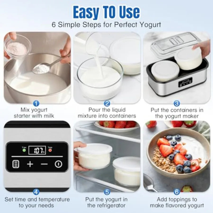Yogurt Maker with Two Containers for Homemade Probiotic Yogurt Adjustable Temperature Time Control Automatic Shut-Off Constant