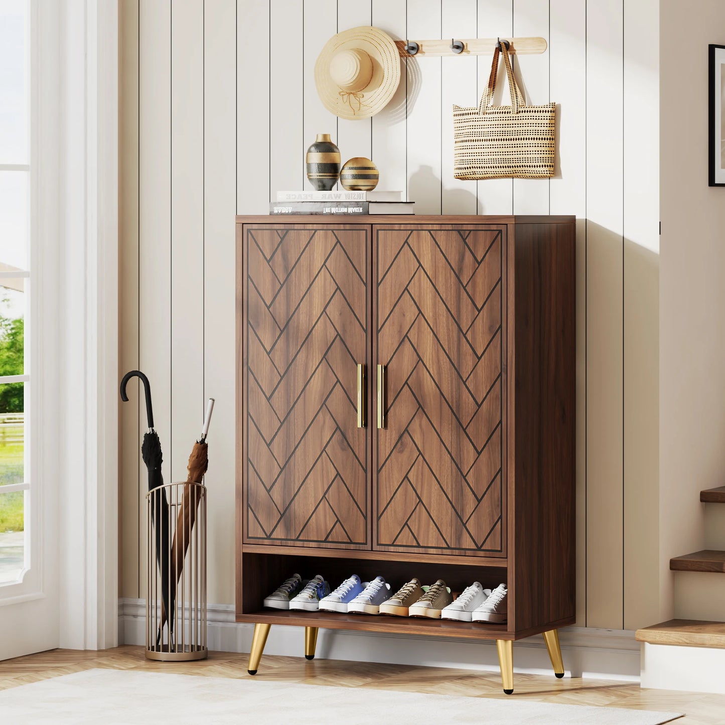 6-Tier Shoe Cabinet with Doors, Walnut Wooden Shoe Storage Cabinet with Adjustable Shelves for Entryway