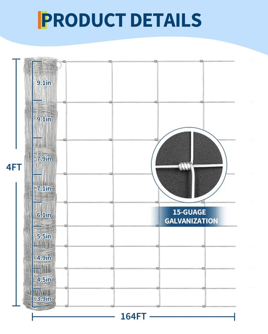 4/5/6FT x 164/328FT 15GA Galvanized Wire Fencing Heavy Zinc Coated Farm Fence Livestock Fence For Goat Deer Livestock Protection