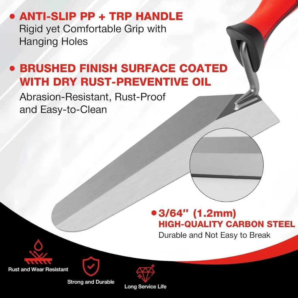 3-Piece Masonry Trowel Set: 6'' Margin, 5.5'' Pointing & 7'' Gauging Trowel with Soft Grip Handle for Concrete, Cement, Plaster, Tile Projects