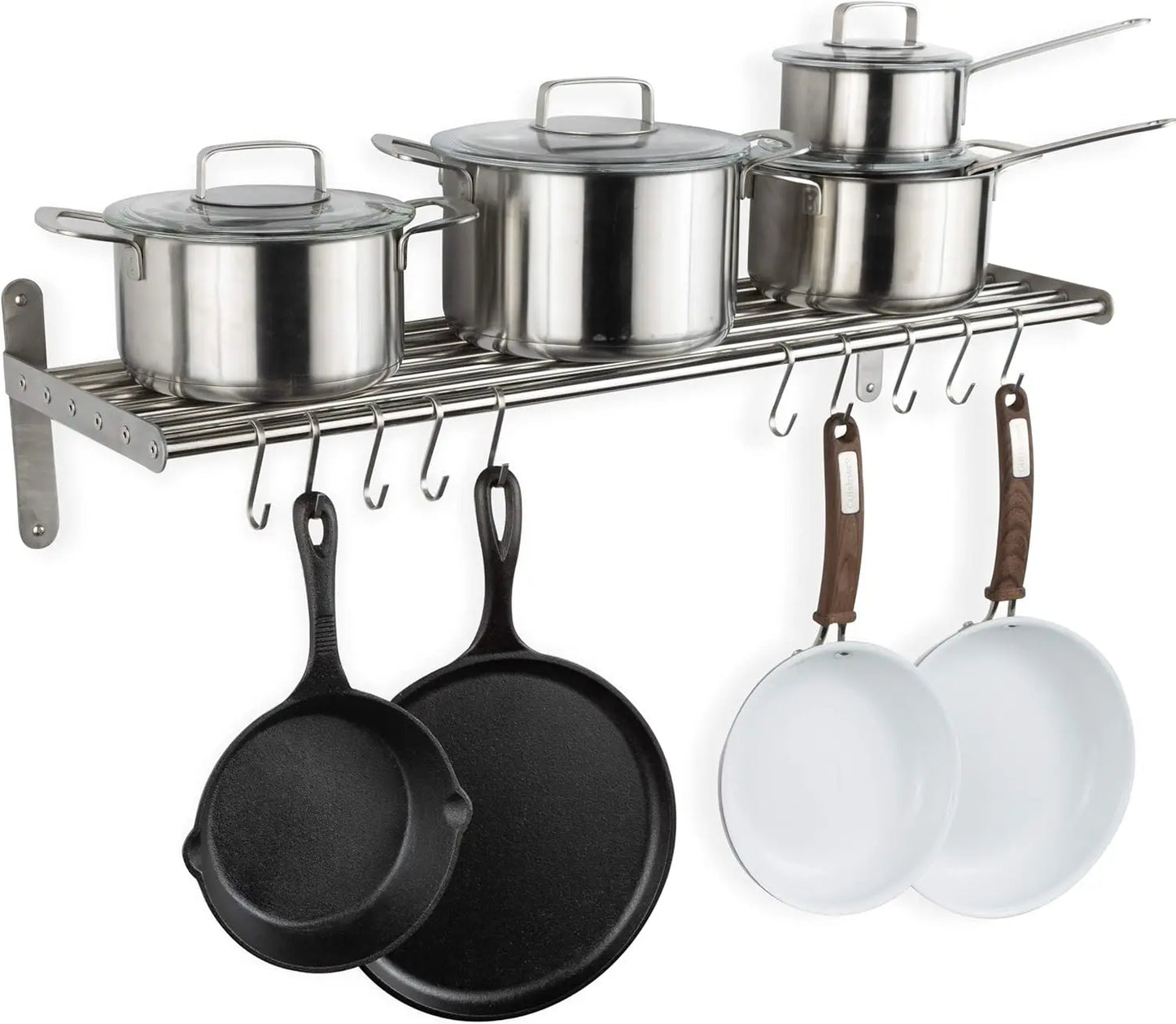 Kitchen Organization and Storage Rack, StainlSteel Metal Wall Shelf with 10 S Hooks for Hanging Pots and Pans, Chrome