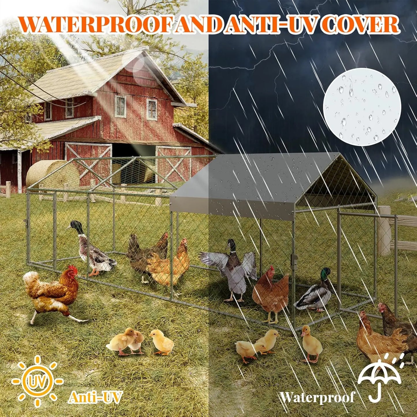 Poultry Cages for Small Animals, 300x100x100 cm Large Metal Cage w/ 2 Doors and Waterproof Cover for Chicken Coops Rabbits Ducks