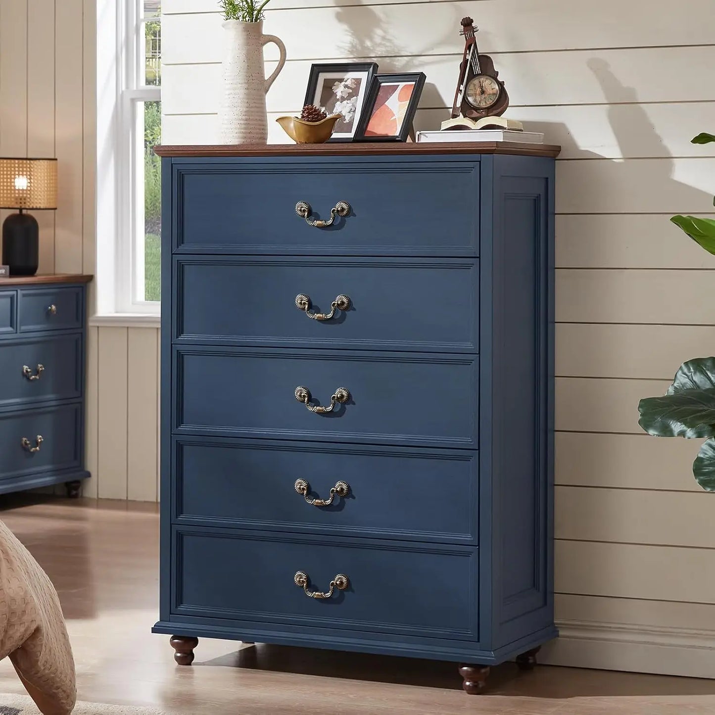 Farmhouse 5 Drawer Dresser for Bedroom, 45" Tall Rustic Chests of Drawers w/ 4 Solid Wood Feet, Mid Century Modern, Customized