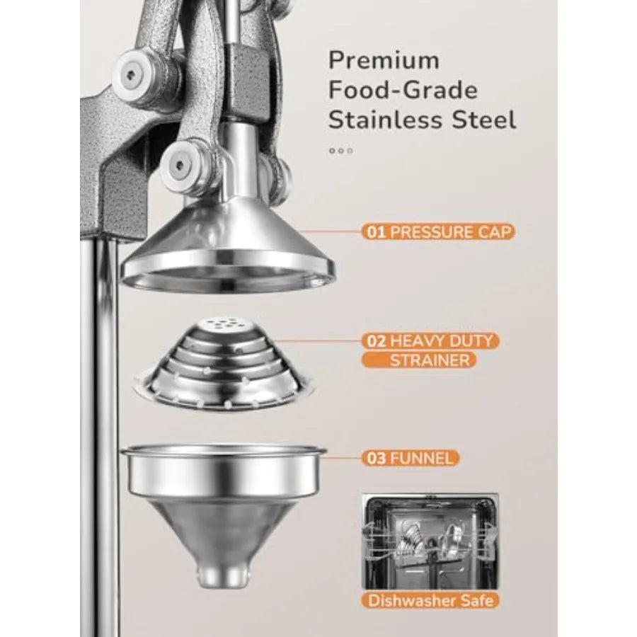 Professional cast iron manual juicer for citrus fruits, black with silver stainless steel strainer, heavy duty and easy-to-clea