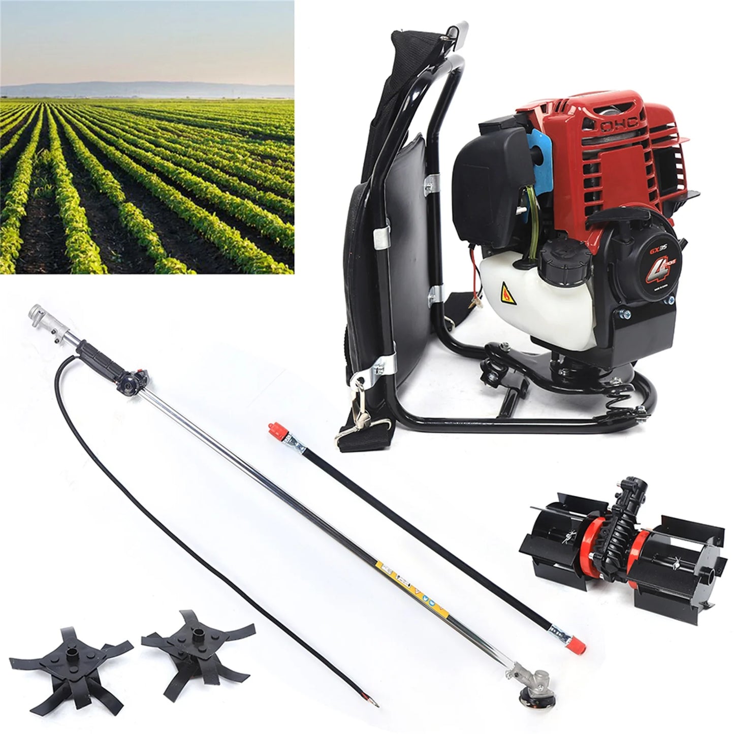 4-Stroke 35.4CC 1.4HP Cultivator Tiller 3 in 1 Backpack Lawn Mower with Single-Cylinder Air-Cooled Four-Stroke Gasoline Engine