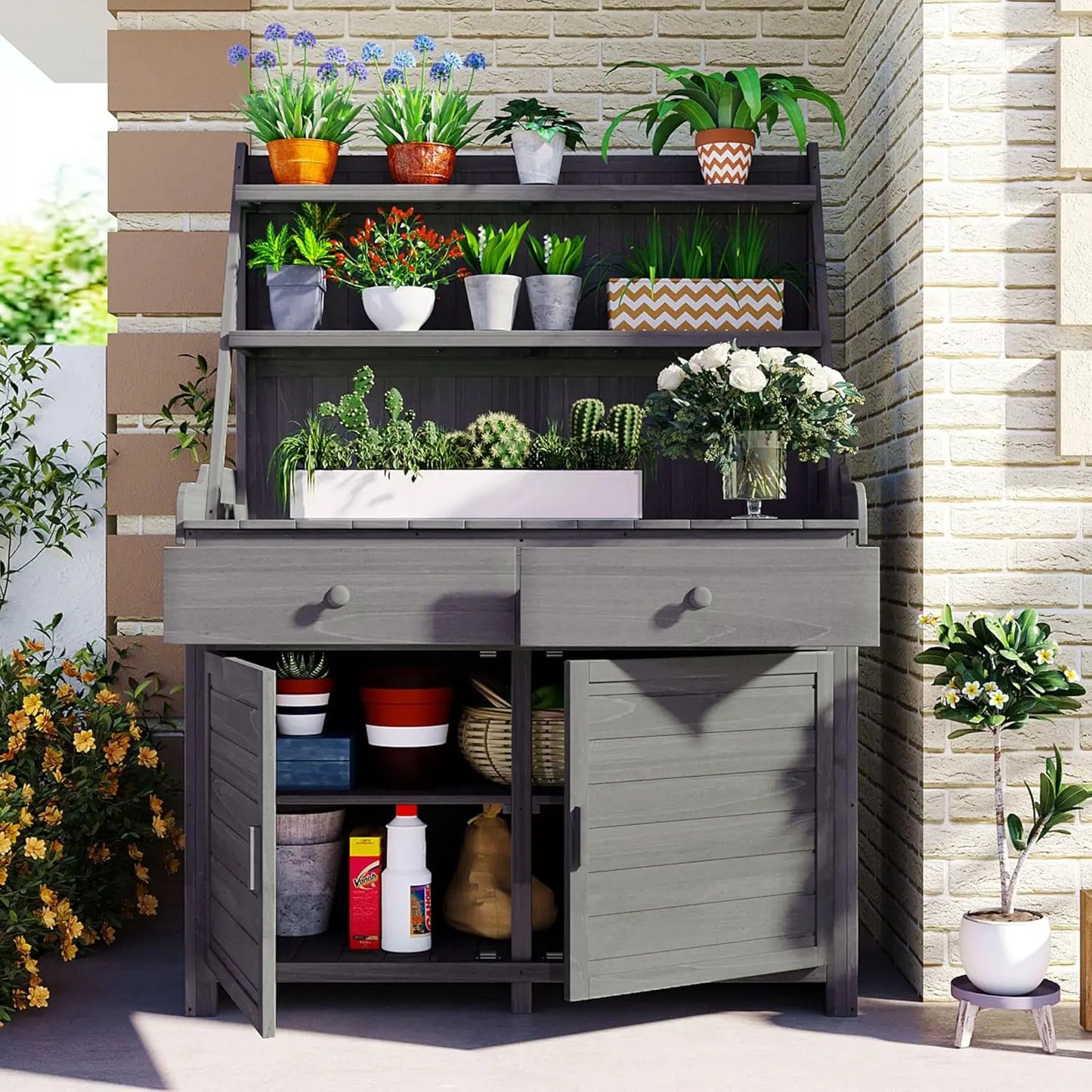 64.9"H Outdoor Potting Bench Table, Outdoor Wood Workstation Table with Lockable Wheels, Stainless Steel Top, Towel, Customized