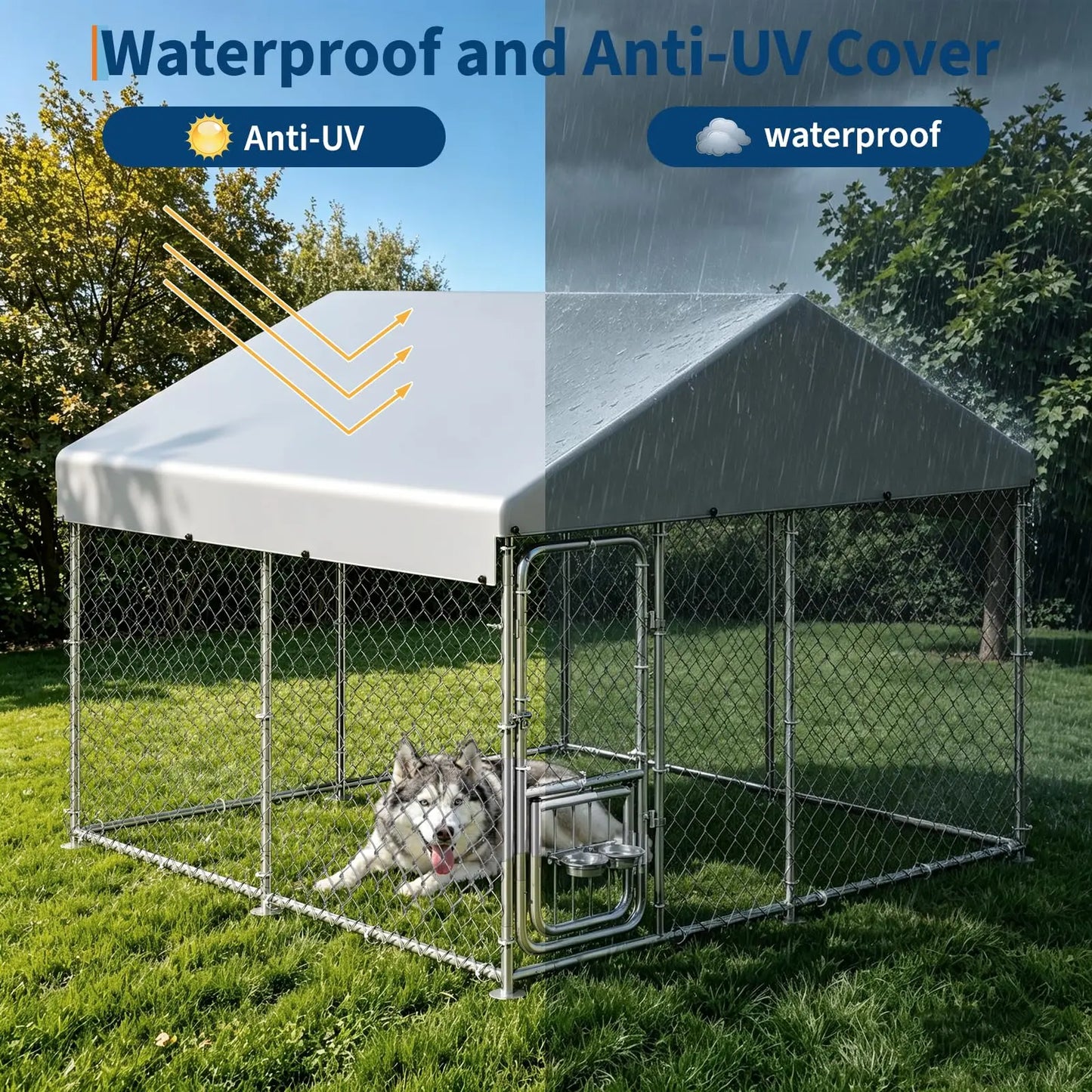 Heavy Duty 7.5x7.5x6.6 FT Outdoor Dog Kennel With Roof Cover, Lockable Feeding Door Dog Run For Large Dogs