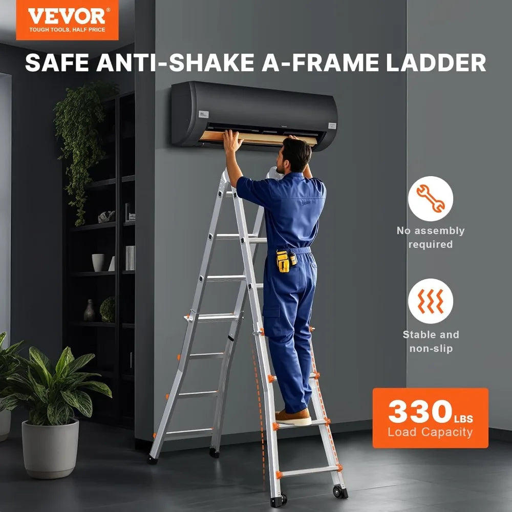 Telescoping A Frame Ladder, 20.5 FT Compact Aluminum Extension, Multi-Function Portable Collapsible RV, for Homework Stair