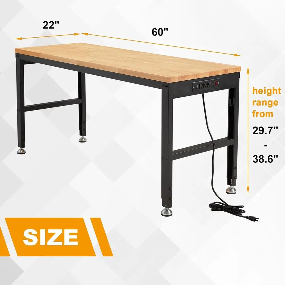 Height Adjustable Workbench 60" 2000 Lbs Capacity Solid Wood Work Station Heavy-Duty Work Tables with Power Outlets for Garage P