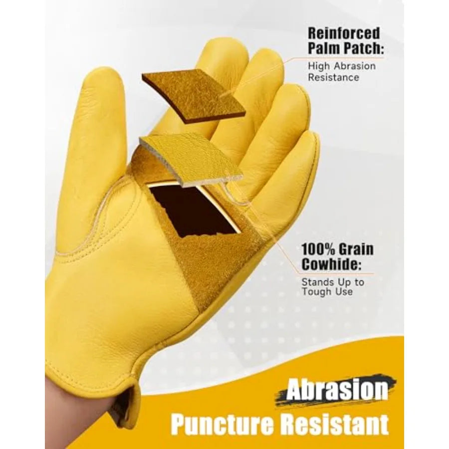 Leather Work Gloves for Men Women Reinforced Durable Gardening Gloves Cowhide Work Gloves Puncture Cut Resistant