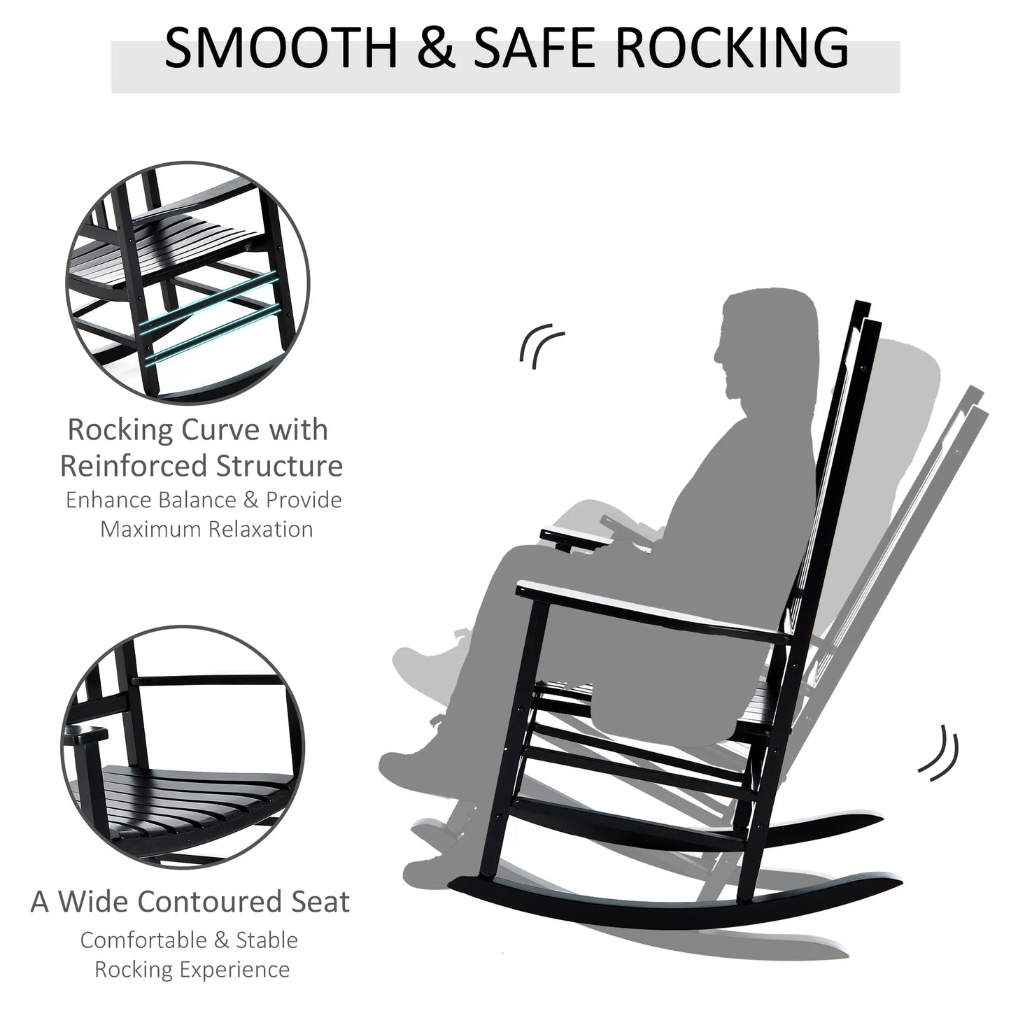 Outdoor Rocking Chair, Wooden Rustic High Back All Weather Rocker, Slatted for Indoor, Backyard & Patio, Black