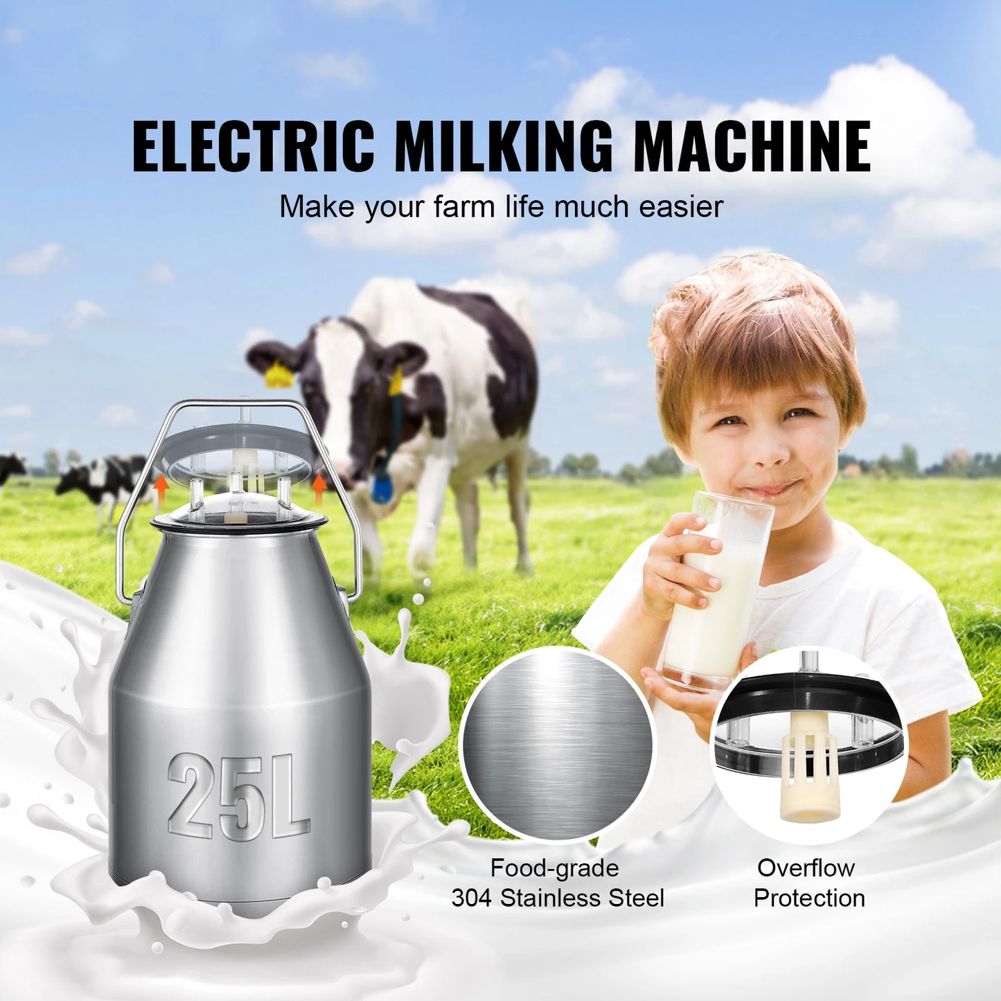Electric Cow Milking Machine 6.6 Gal /25 L 304 Stainless Steel Bucket Automatic Pulsation Vacuum Milker Portable Milker