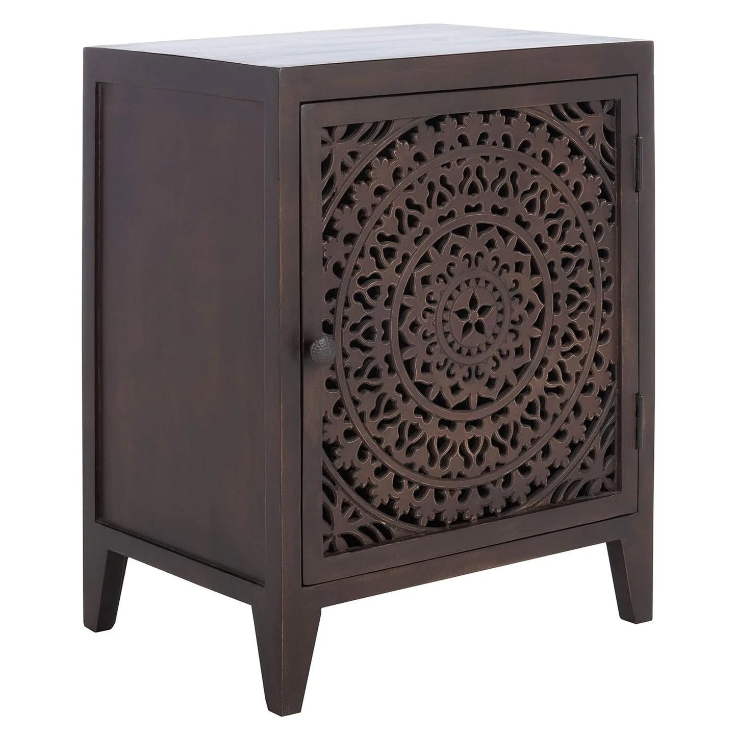 Carved Mango Wood Single Door Nightstand Brown Artisan Bedroom Side Table, Customized