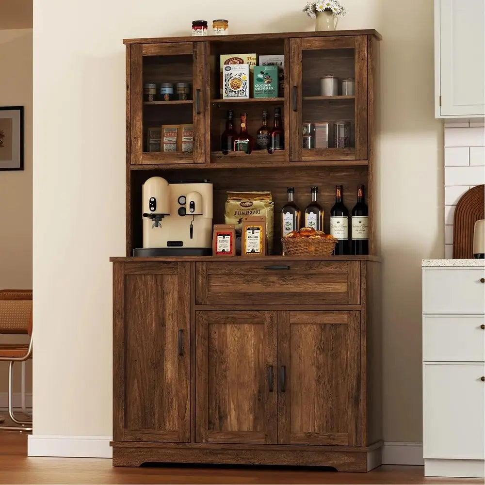 Kitchen Pantry Storage Cabinet with Hutch and Microwave Stand, Coffee Bar Hutch with Shelves for Dining Room, Brown