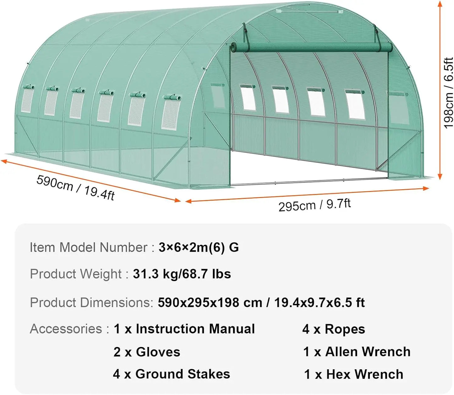 Walk-in Tunnel Greenhouse, 19.4x9.7x6.5 ft Hoop House Greenhouse Tunnel, Plant Hot House