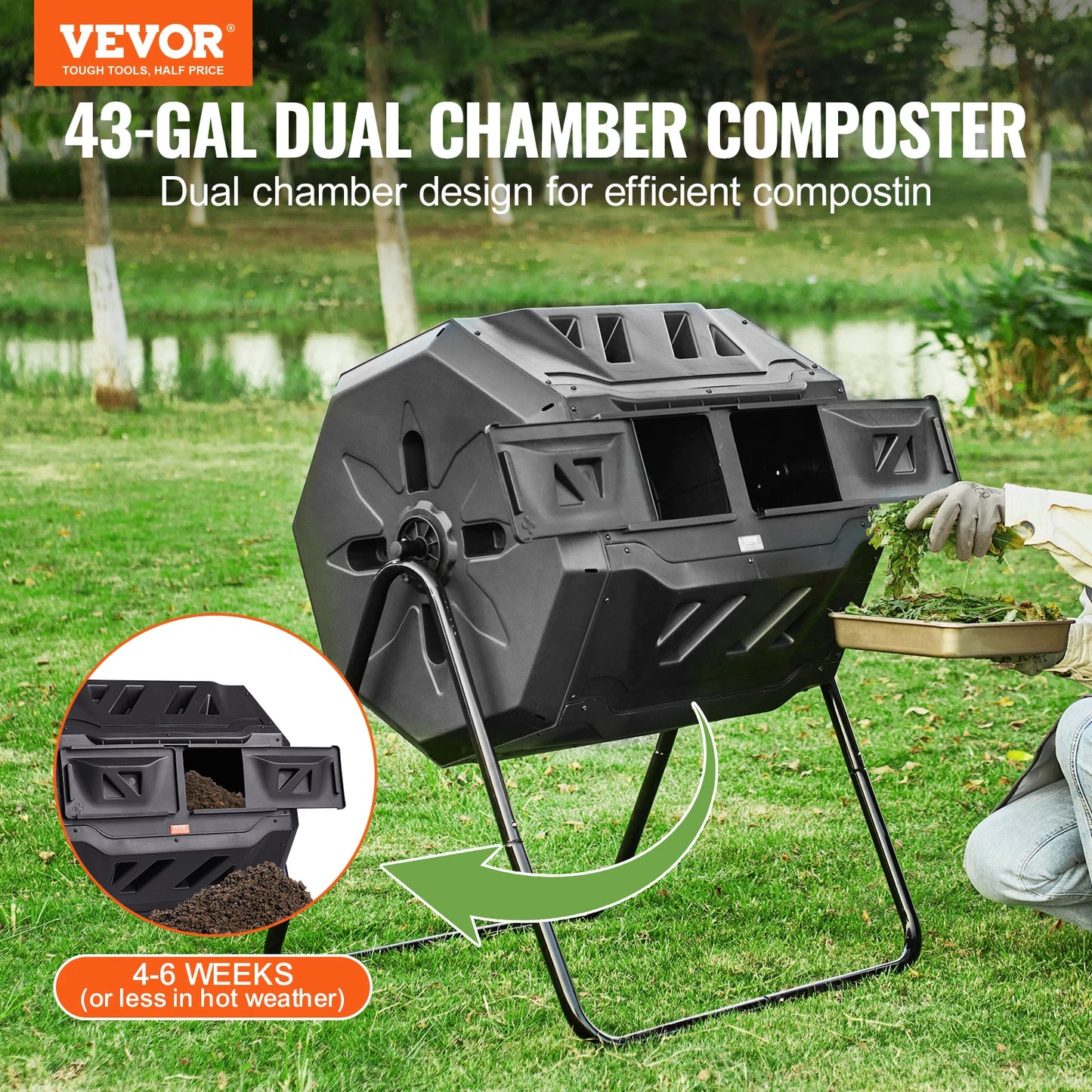 Compost Bin 18.5/37/43Gal Dual Chamber Composting Tumbler BPA FreeComposter Bin Tumbler for Garden Kitchen Yard Outdoor