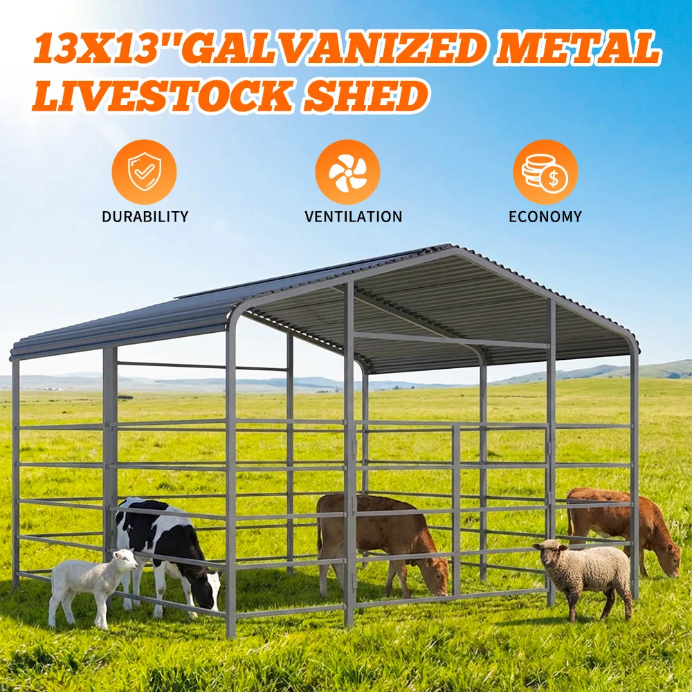 Heavy-duty Metal Livestock Shelter, Spacious 13 X 13ft Design, No. 13 Steel Frame for Wind Resistance, Durable Galvanized Steel